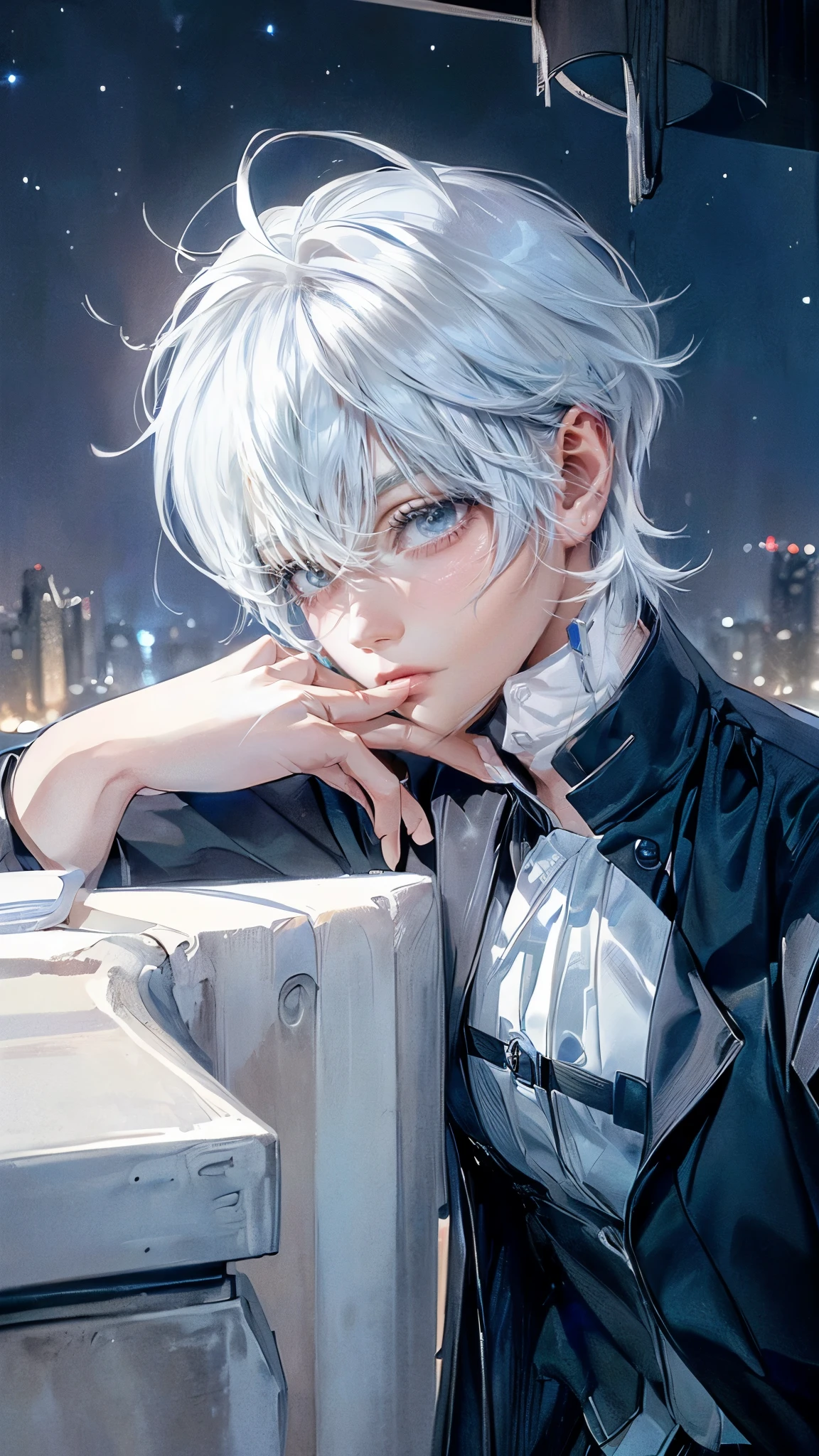 ((4K works))、masterpiece、(top-quality)、One beautiful boy、Slim body、tall、((Black Y-shirt and white pants、Charming British knight style))、Please wear one jacket、(Detailed beautiful eyes)、Fantastic Night City、((City under the stars))、Fantastic city at midnight、((Face similar to Carly Rae Jepsen))、((Short-haired white hair))、((Smaller face))、((Neutral face))、((Bright blue eyes))、((American adult male))、((Adult male 26 years old))、((Cool Men))、((Like a celebrity))、((Crying expression))、((sad look))、((Korean Makeup))、((elongated and sharp eyes))、((Happy dating))、((boyish))、((Upper body photography))、Professional Photos、((Shot alone))、((She is looking up at the sky under the roof))、((Shot from the side))、((Crying profile))、((Face crying in pain))、((He is looking upwards))、((His eyes are looking down))、((He stands next to the viewer))、((He who cries))、I'm crying on a stick.、Man crying while standing、Solitude、saddened、desolate、suffocating、heartbreaking、auw、Tears dripping on the cheeks