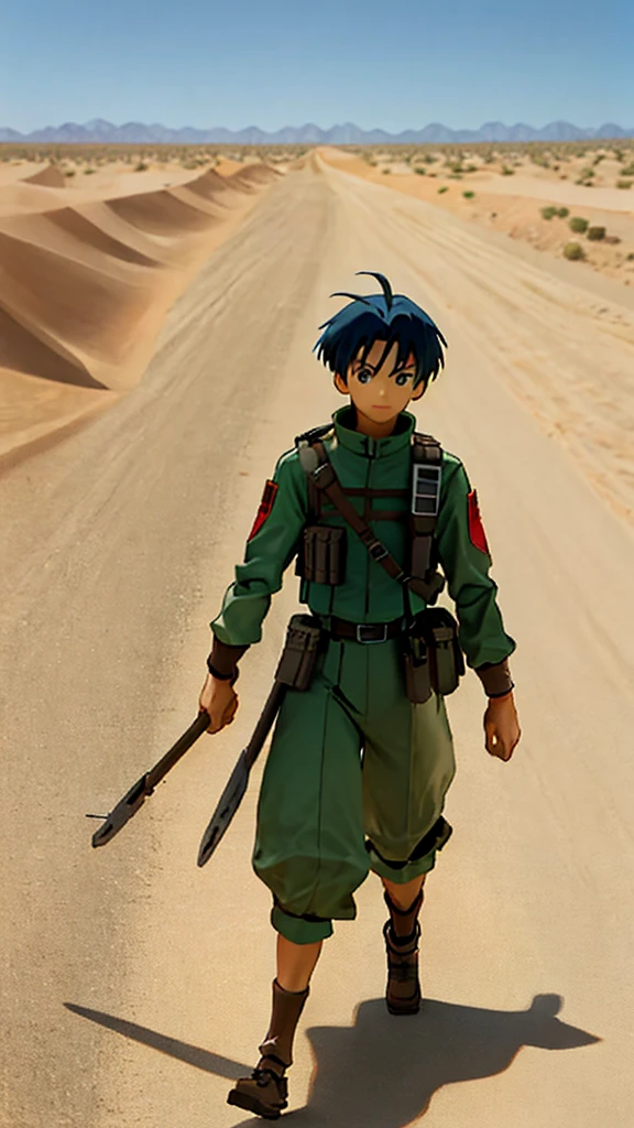 one  men, desert soldier outfit, walked in the desert, estilo anime 