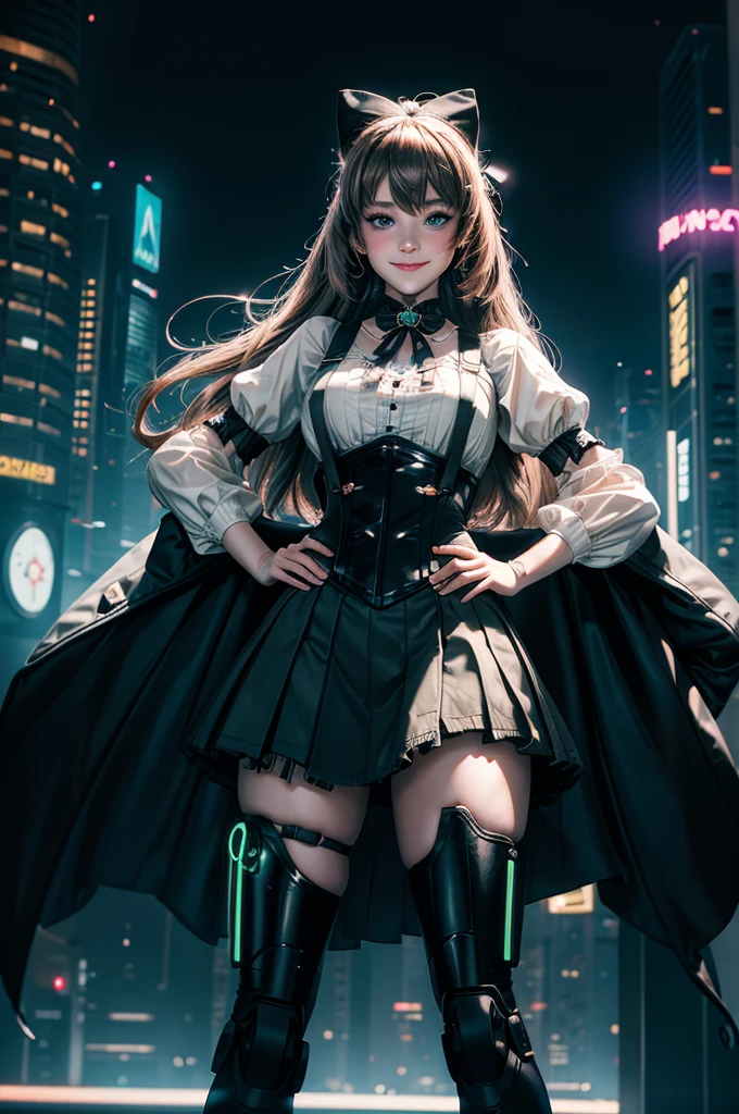 1girl, solo, smile, hand on hip, underbust, Penny Polendina, long hair, neck ribbon, suspender skirt, corset, black bow, white blouse, mechanical legs, neon trim, standing in cyberpunk city, night, stars moon, skyscrapers, futuristic floating car, neon signs, crowd wearing cyberpunk fashion
