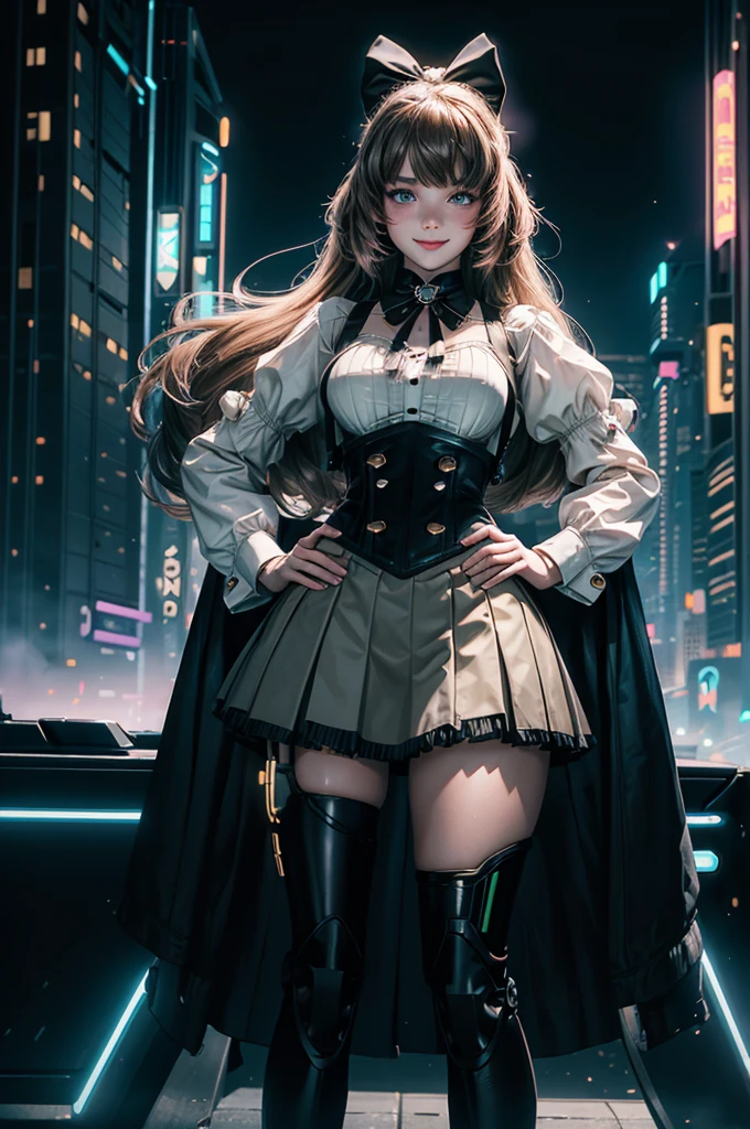 1girl, solo, smile, hand on hip, underbust, Penny Polendina, long hair, neck ribbon, suspender skirt, corset, black bow, white blouse, mechanical legs, neon trim, standing in cyberpunk city, night, stars moon, skyscrapers, futuristic floating car, neon signs, crowd wearing cyberpunk fashion