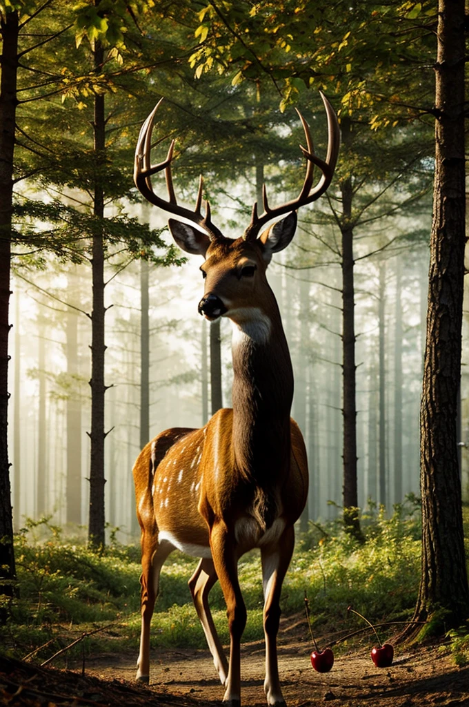 Draw a deer, cherries grow on his horns. He stands in the middle of the forest