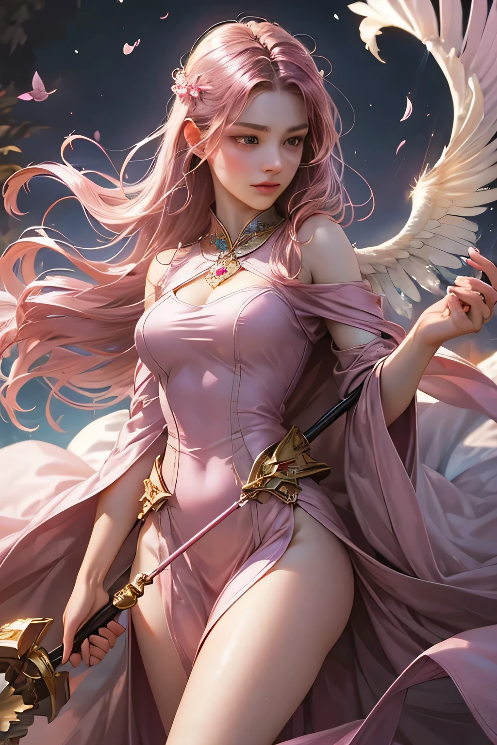 "Create an ultra-realistic image of a stunning 18-year-old girl holding an air magical staff that exudes the energy of the wind and sky. She should be dressed in a sophisticated, ((((((dark pink)))))) shaded outfit that contrasts beautifully with her airy element. Depict her surrounded by elements of air, such as swirling breezes, floating feathers, and gentle currents, to highlight her command over this element. Include a distinct air symbol on her body, signifying her role as the keeper of air and illustrating the powerful, ethereal energy of air she holds within her."