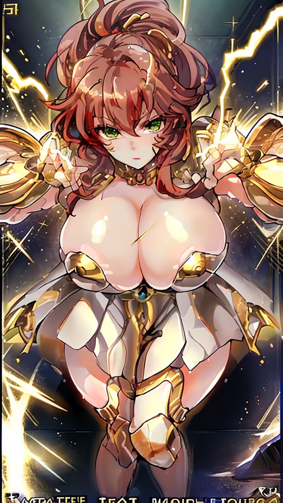 best quality，独奏，Milk, BIG ASS, very curvy, Walnut Brown Eyes, Full lips, Tempting, Thick thighs, Curvy physique，Night，Highest image quality，Outstanding details，Ultra-high resolution，4K image, assembly, best quality, masterpiece, movie lighting ，action，In battle，light beam from hand，Golden lightning surrounds，Green eyes，Lipstick，Gold Armor，Amot hardware has cracks，Sweat，Anger，Red hair，wavy long hairstyle，cleavage