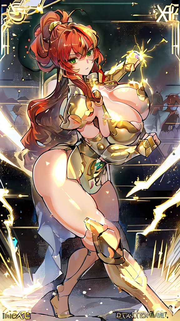 best quality，独奏，Milk, BIG ASS, very curvy, Walnut Brown Eyes, Full lips, Tempting, Thick thighs, Curvy physique，Night，Highest image quality，Outstanding details，Ultra-high resolution，4K image, assembly, best quality, masterpiece, movie lighting ，action，In battle，light beam from hand，Golden lightning surrounds，Green eyes，Lipstick，Gold Armor，Amot hardware has cracks，Sweat，Anger，Red hair，wavy long hairstyle，cleavage
