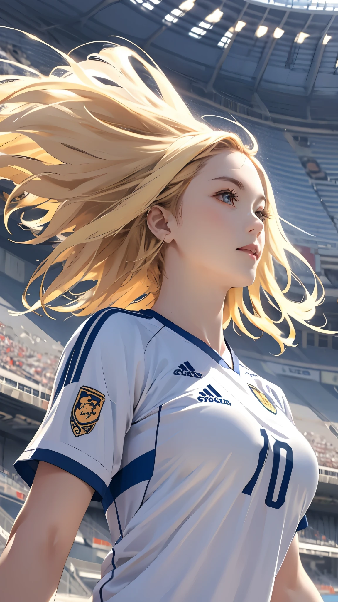 Stadium、20-year-old、Soccer uniforms、Blonde、short hair、Hair flowing in the wind、Upper Body、look up、Large Breasts