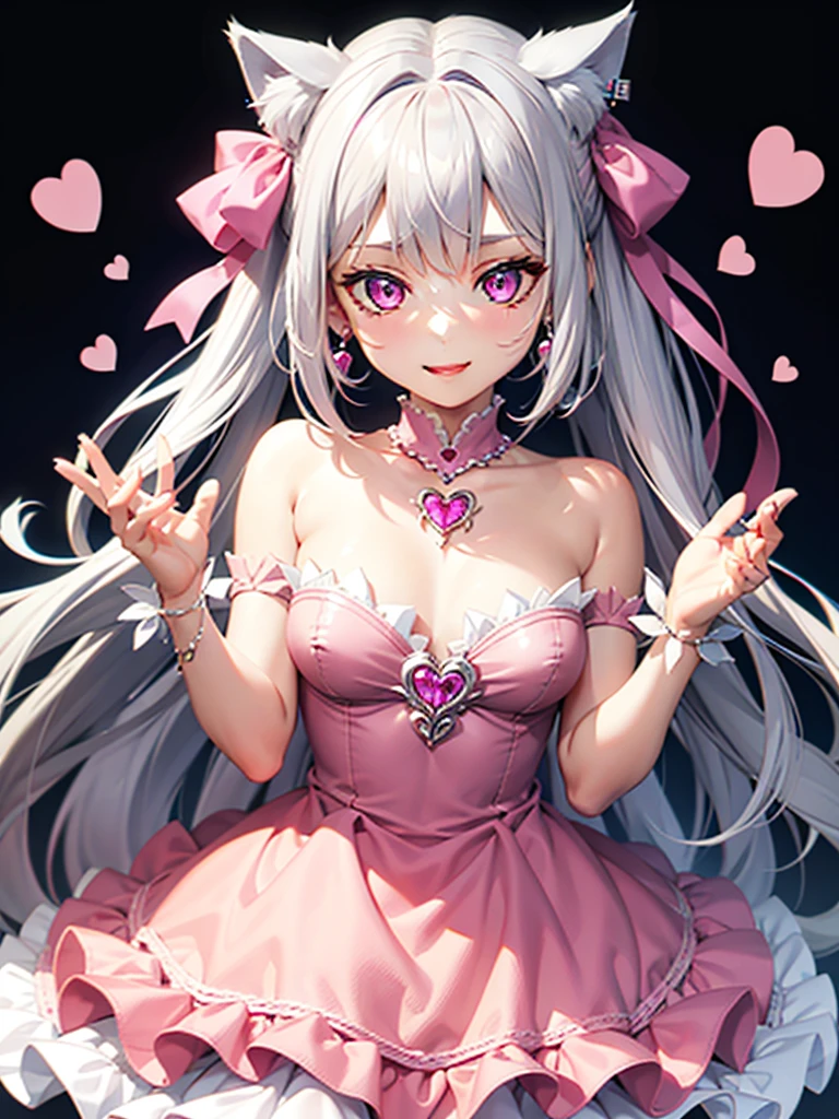 Silver hair, pink eyes, body, cat ears, girl, earrings, heart background fantasy, princess, godly, hair bows, happy face, pink dress, pet cat