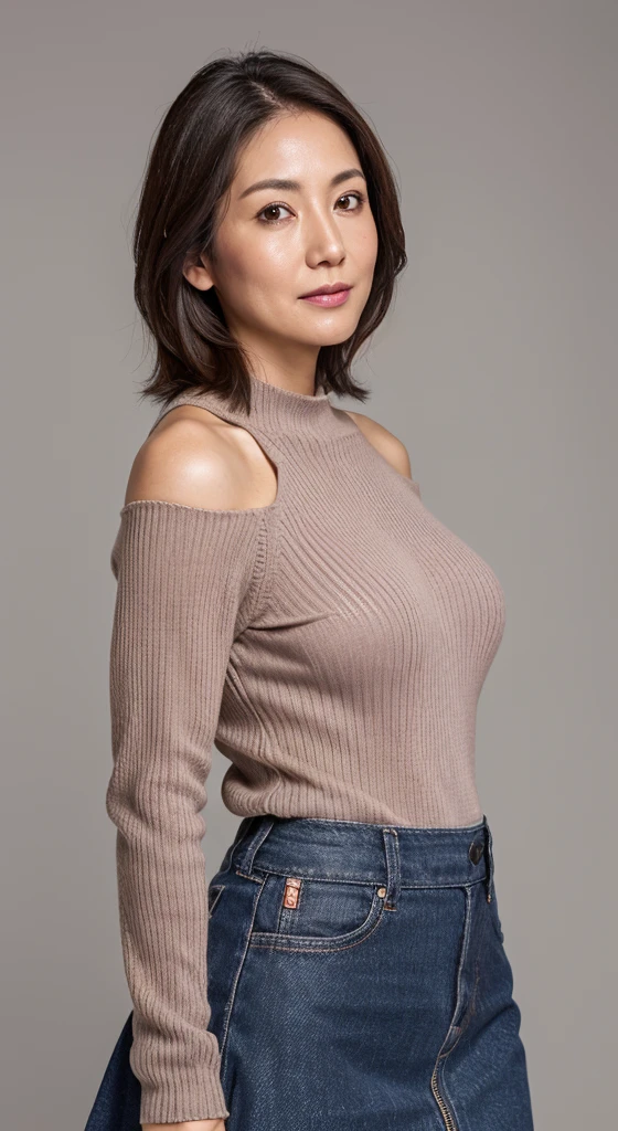 Enhanced dynamic perspective，((A MILF)),(((48yo))),(Wrinkles at the corners of the eyes:1.2),(Saggy udder),(Aging skin)、teacher, Flowing sweat, narrow shoulder,((Impossible sweater:1.3)), ((Sleeveless))、(((Shorts)))、see through,Look at me and smile， backgound，Works of masters，high quarity，4K resolution，super-fine，Detailed pubic hair，acurate，Cinematic lighting，Leaves the original facial proportions