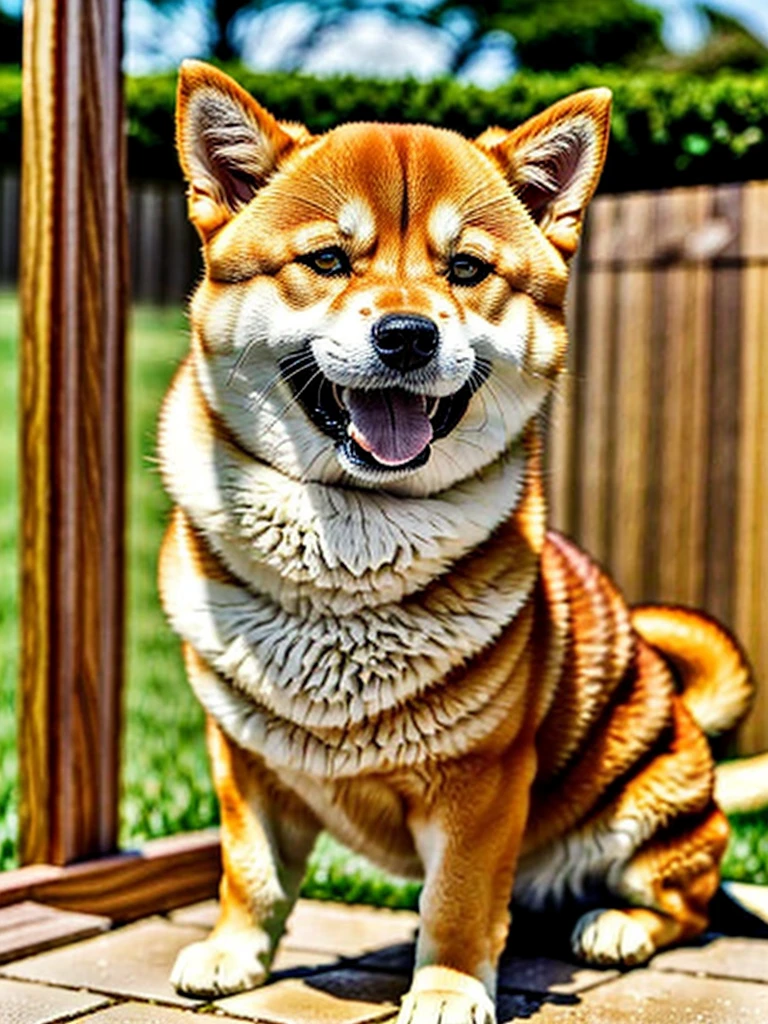 Highest Resolution,Highest quality,Shiba Inu,meal,可愛いShiba Inu,Fluffy,smile,ヨダレを垂らすShiba Inu,Dripping saliva,Overflowing saliva,Iyashiba dog,garden,doghouse,grass,Stringy saliva,