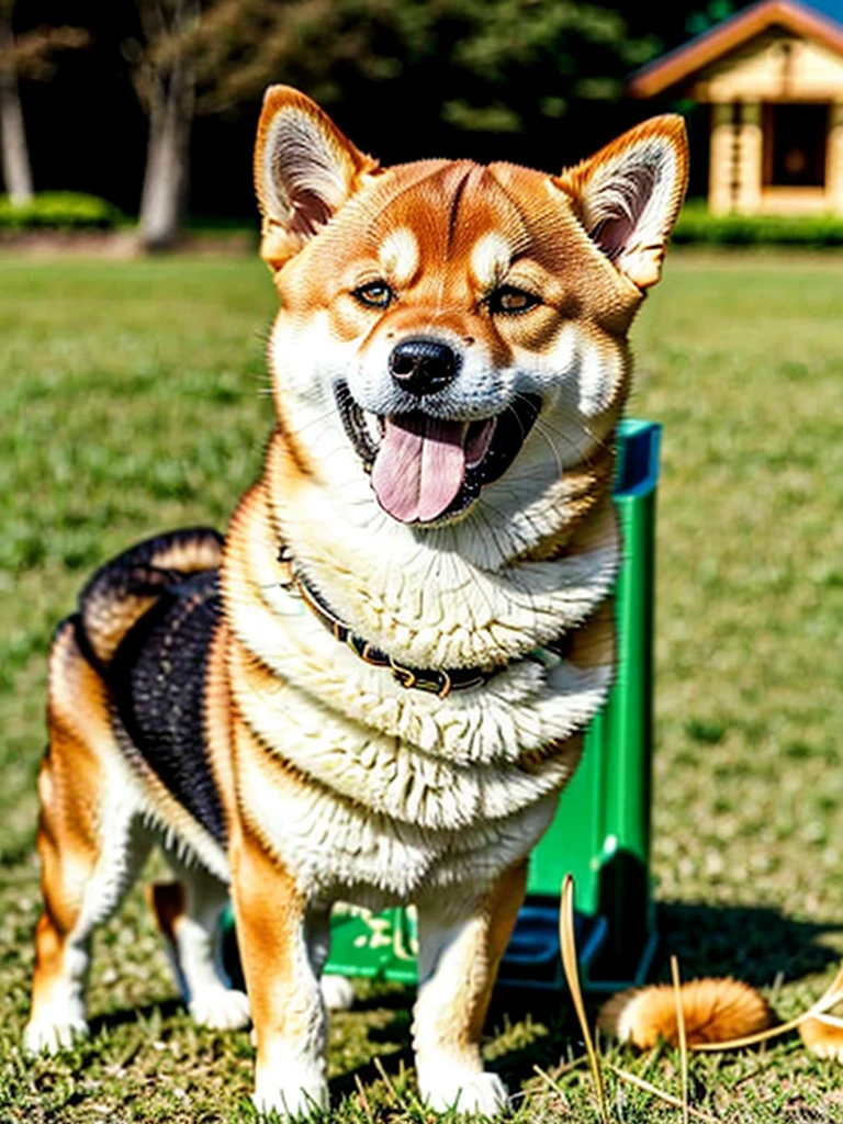 Highest Resolution,Highest quality,Shiba Inu,meal,可愛いShiba Inu,Fluffy,smile,ヨダレを垂らすShiba Inu,Dripping saliva,Overflowing saliva,Iyashiba dog,garden,doghouse,grass,Stringy saliva,