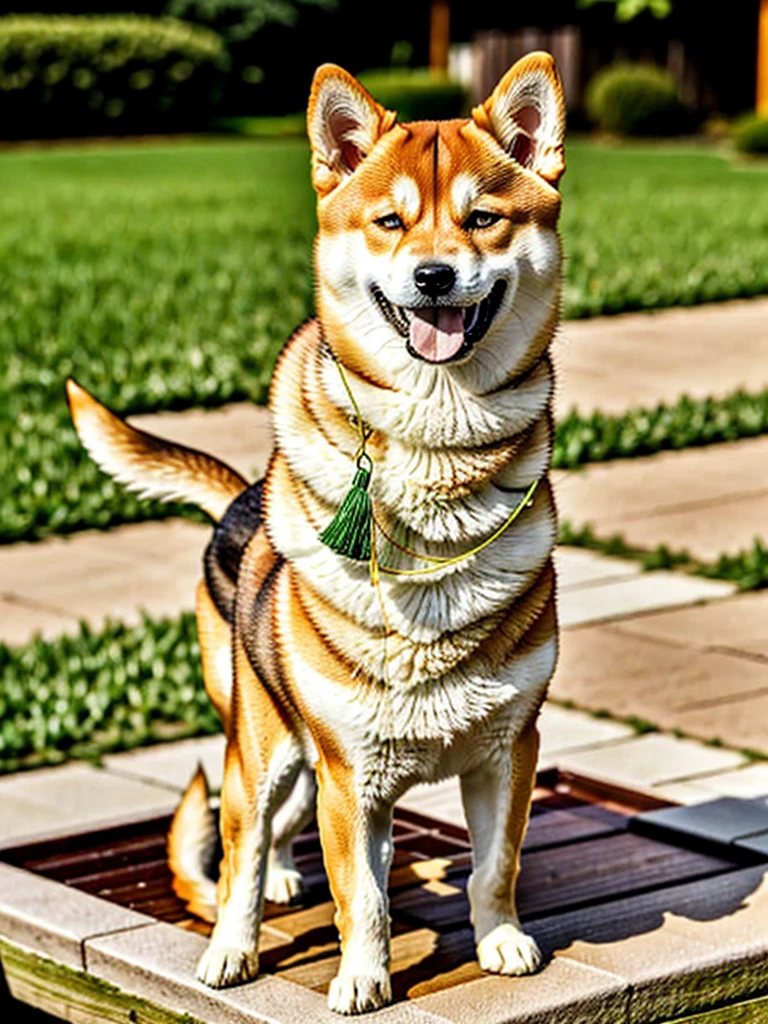 Highest Resolution,Highest quality,Shiba Inu,meal,可愛いShiba Inu,Fluffy,smile,ヨダレを垂らすShiba Inu,Dripping saliva,Overflowing saliva,Iyashiba dog,garden,doghouse,grass,Stringy saliva,