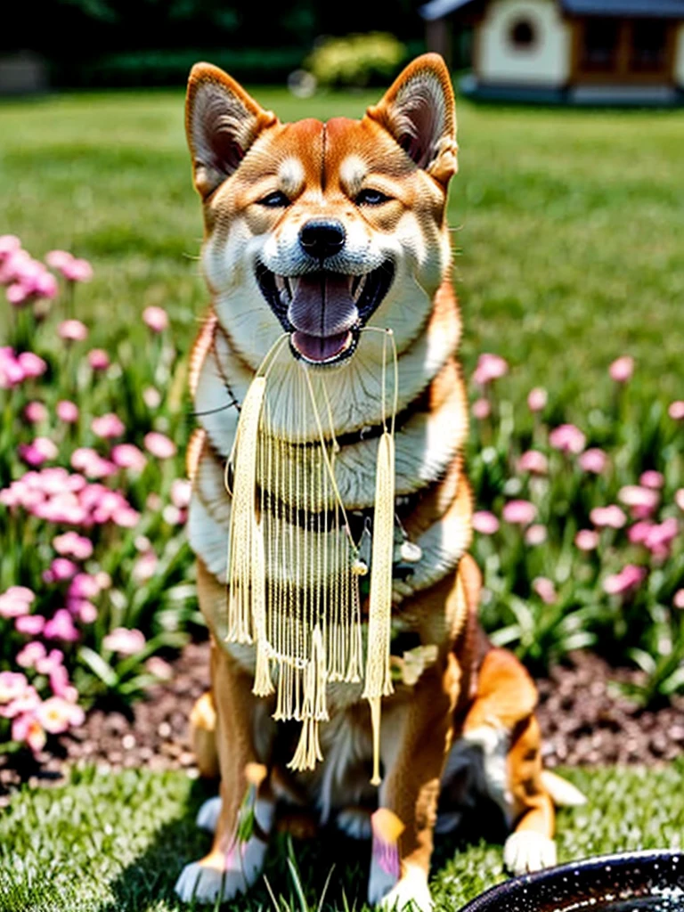 Highest Resolution,Highest quality,Shiba Inu,meal,可愛いShiba Inu,Fluffy,smile,ヨダレを垂らすShiba Inu,Dripping saliva,Overflowing saliva,Iyashiba dog,garden,doghouse,grass,Stringy saliva,