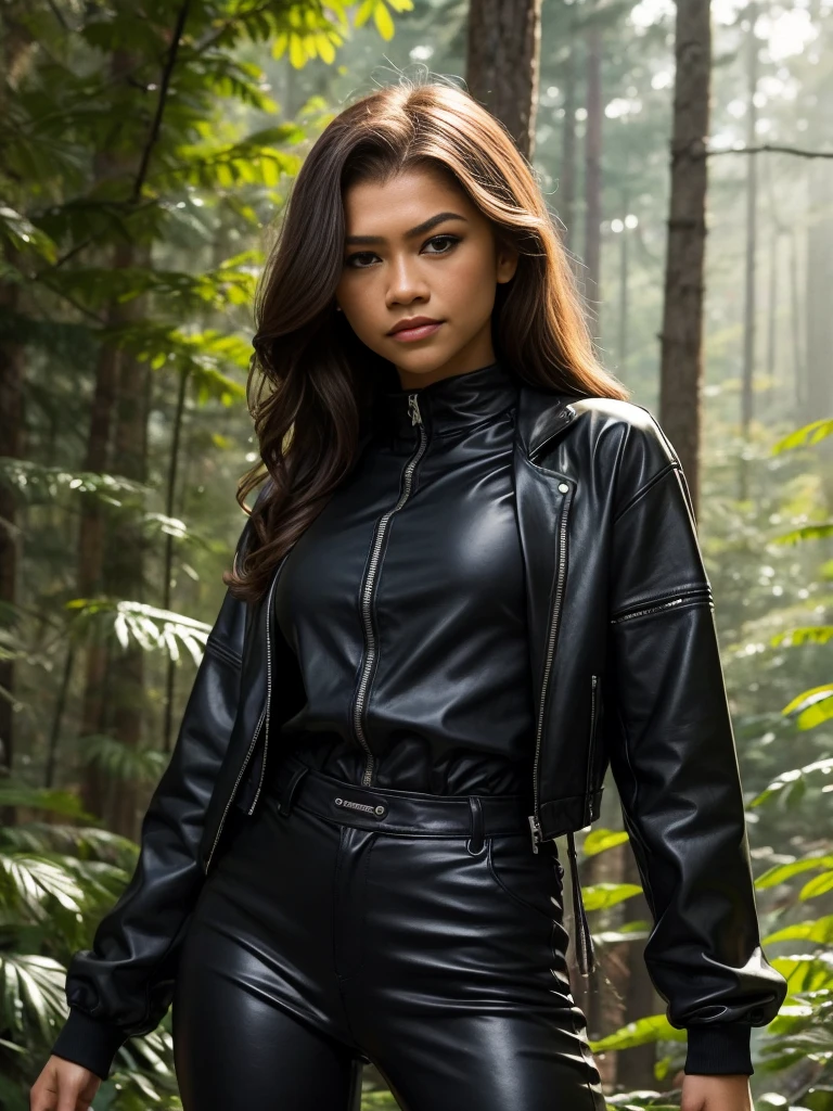 A close-up of a woman (Zendaya) in a blacks Oberteil black Leder Jacke and leather pants, looking majestic in forest, sexy girl with dark brown hair, in forest, in front of a forest background, black, wear tight clothes, enges Outfit, in forest, in blackm Leder gekleidet, in a forest, Forest city streets behind her, in forest, blacks Oberteil, back