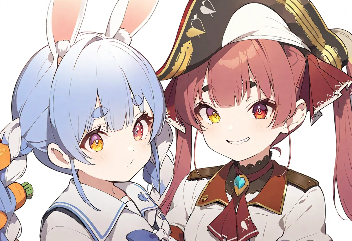 delicate、masterpiece、Highest quality、2 peopleの女の子、2 peopleだけ、2 people、virtual、Aquamarine、cute、(((Houshou Marine，cute、Redhead、Twin tails，distinct eyes，The left eye is yellow and the right eye is red.，captain uniform、Haveは無し)))、(((Usada Pekora、Used Pekora、cute、Light blue and white hair、三つ編みTwin tails、A carrot is stuck in the braid、Orange and yellow gradient eyes、Cute big eyes、White fluffy cute clothes、Fluffy bunny ears、Have)))、White Background、Flat Color、sketch