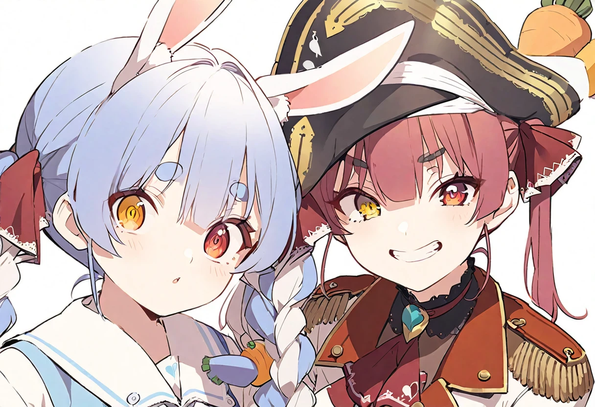 delicate、masterpiece、Highest quality、2 peopleの女の子、2 peopleだけ、2 people、virtual、Aquamarine、cute、(((Houshou Marine,cute、Redhead、Twin tails,distinct eyes,The left eye is yellow and the right eye is red.,captain uniform、Haveは無し)))、(((Usada Pekora、Used Pekora、cute、Light blue and white hair、三つ編みTwin tails、A carrot is stuck in the braid、Orange and yellow gradient eyes、Cute big eyes、White fluffy cute clothes、Fluffy bunny ears、Have)))、White Background、Flat Color、sketch