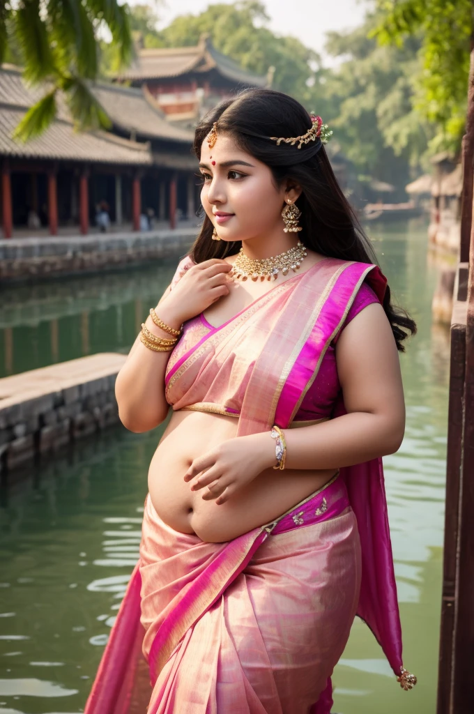 1 Heavenly beautiful and goddess beauty cute and sweet looking face Indian female in front of Tongli Water Town, China, Heavenly beautiful Overweight, Heavenly beautiful Extremely fat, Heavenly beautiful and attractive Chubby figure , Heavenly beautiful looking and eye catching luxury style tight fitting Bomkai silk sarees , reaching out, Heavenly beautiful Arabian woman, 16k, High resolution, masterpiece, highest quality, fine skin, outside view, Realistic Photograph, size 45 and waist size 32, close up face view