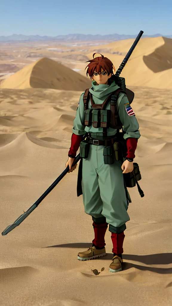 one  men, desert soldier outfit,  desert, estilo anime 