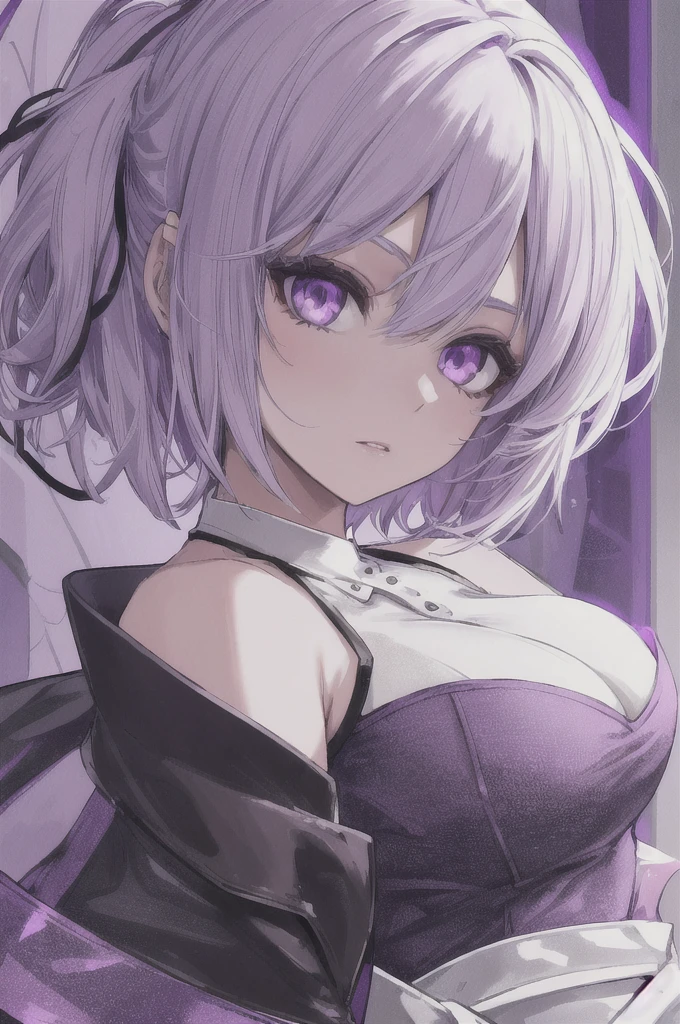 girl with short white hair, purple eyes, black short dress with purple lighting around her, highly detailed high contrast hd masterpiece of best quality in high resolution