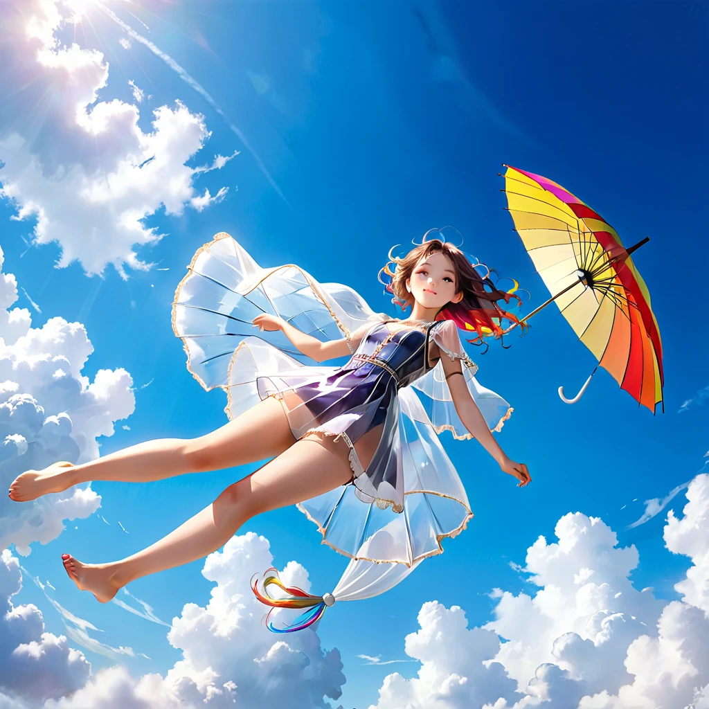 Full body portrait、(Girl floating in the air with a big colorful umbrella:1.9)、Low angle view、Blue sky background、(Highest quality、4K、8K、High resolution、masterpiece:1.2)、Super detailed、(Real、Photorealistic、Photorealistic:1.37)、(Anatomically correct body structure:1.9)、Fantasy、magical realism、dream-like、Whimsical、Bright colors、Dramatic lighting、Soft Focus、Cinematic、Intricate details、A wonderful composition