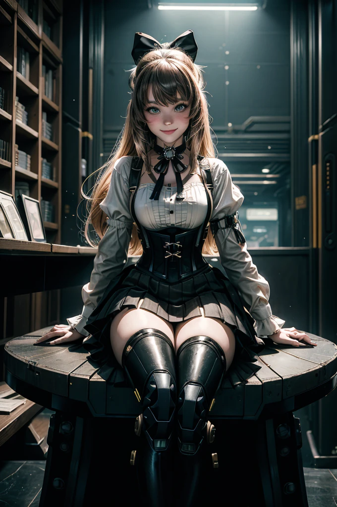 1girl, solo, cowboy shot, smile, underbust, Penny Polendina, long hair, neck ribbon, suspender skirt, corset, black bow, white blouse, mechanical legs, neon trim, indoors, sitting in cyberpunk library, crowd, (crowd wearing cyberpunk fashion)