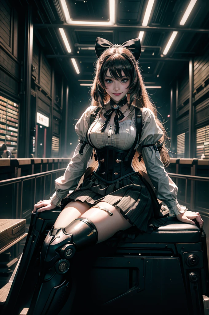 1girl, solo, cowboy shot, smile, underbust, Penny Polendina, long hair, neck ribbon, suspender skirt, corset, black bow, white blouse, mechanical legs, neon trim, indoors, sitting in cyberpunk library, crowd, (crowd wearing cyberpunk fashion)