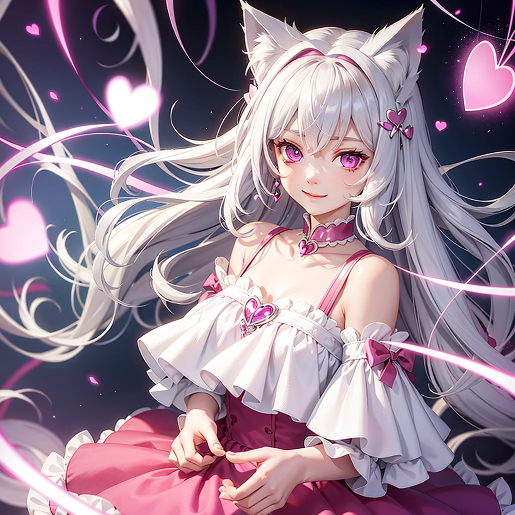 Silver hair, pink eyes, body, cat ears, girl, earrings, heart background fantasy, princess, godly, hair bows, happy face, pink dress, hair jewelry 