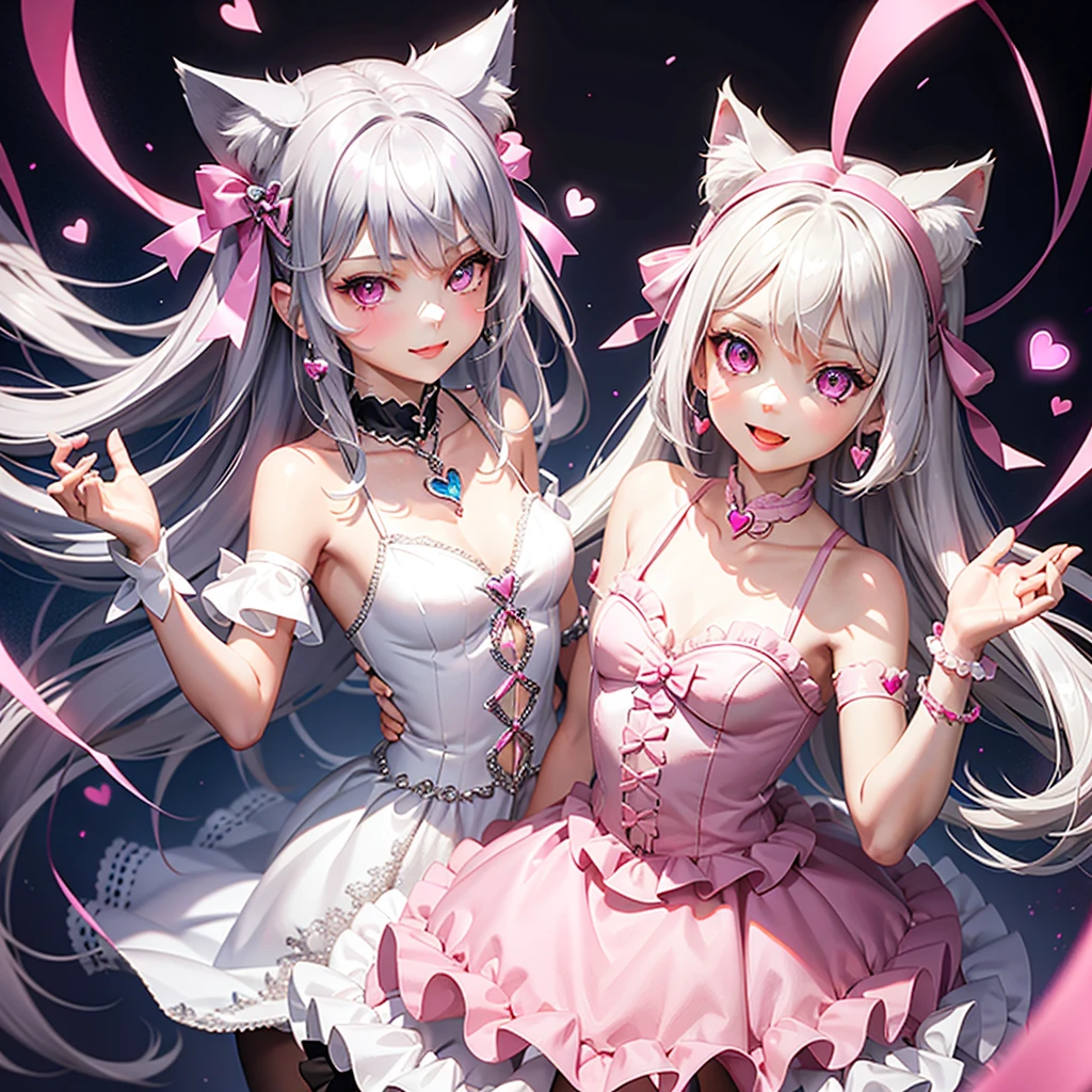 Silver hair, pink eyes, body, cat ears, girl, earrings, heart background fantasy, princess, godly, hair bows, happy face, pink dress, hair jewelry