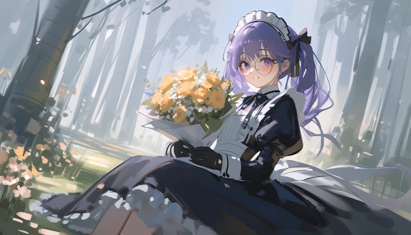 Ciloranko, wlop, 1girl, 独奏, flower, bouquet, purple eyes, maid headdress, looking at viewer, maid, apron, full body, long hair, twintails, holding, white background, long sleeves, holding bouquet, dress, bow, juliet sleeves, puffy sleeves, blush, Spring Flowering Forest, parted lips, frills, ribbon, two side up, hair bow, maid apron one girl, super high quality, Super Detail, Super Detailed image, long hair, looking at viewer, skirt, shirt, hair ornament, violet eyes,black gloves, round glasses, long sleeves,violet hair, round glasses, Flat Chest, smile