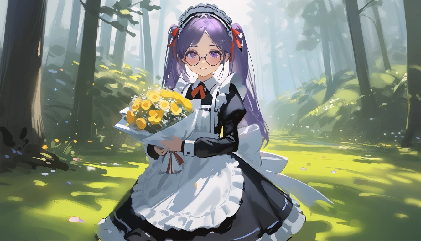 Ciloranko,  wlop, 1girl,  独奏,  flower,  bouquet,  purple eyes,  maid headdress,  looking at viewer,  maid,  apron,  full body, long hair, twintails,  holding,  white background,  long sleeves,  holding bouquet,  dress,  bow,  juliet sleeves,  puffy sleeves,  blush,  Spring Flowering Forest, parted lips,  frills,  ribbon,  two side up,  hair bow,  maid apron one girl, super high quality, Super Detail, Super Detailed image, long hair, looking at viewer, skirt, shirt, hair ornament, violet eyes,black gloves, round glasses, long sleeves,violet hair, round glasses, Flat Chest, smile