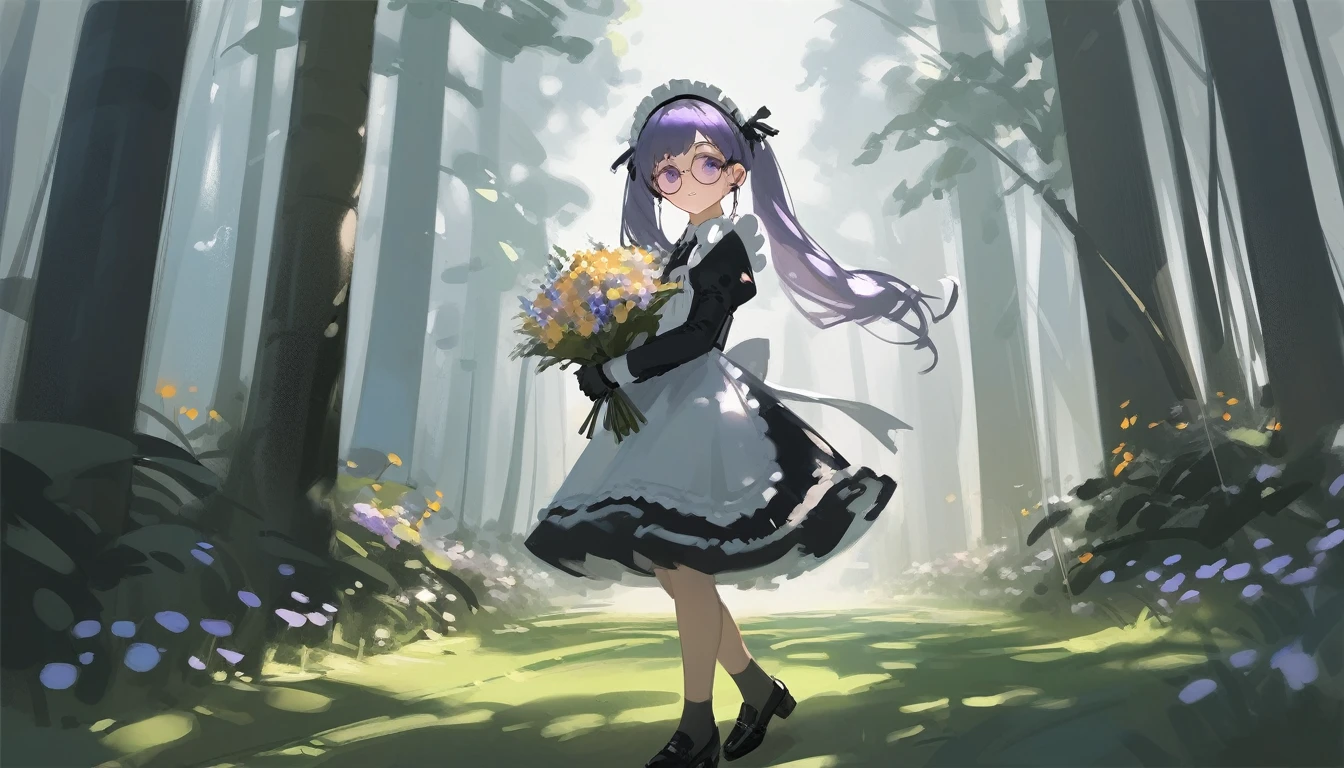 Ciloranko,  wlop, 1girl,  独奏,  flower,  bouquet,  purple eyes,  maid headdress,  looking at viewer,  maid,  apron,  full body, long hair, twintails,  holding,  white background,  long sleeves,  holding bouquet,  dress,  bow,  juliet sleeves,  puffy sleeves,  blush,  Spring Flowering Forest, parted lips,  frills,  ribbon,  two side up,  hair bow,  maid apron one girl, super high quality, Super Detail, Super Detailed image, long hair, looking at viewer, skirt, shirt, hair ornament, violet eyes,black gloves, round glasses, long sleeves,violet hair, round glasses, Flat Chest, smile