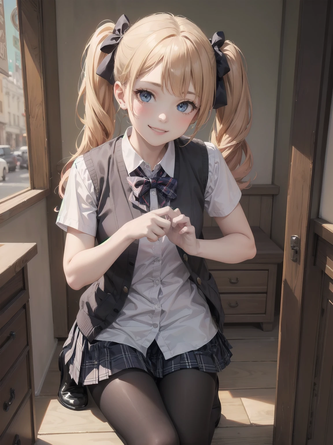 (Top quality, 16K, masterpiece, super high resolution, Victorian era, photorealistic: 1.2), perfect illustration with every detail created by a master 2020's animation illustrator, BREAK 1 girl, soro, twintails, bow, cardigan vest, short sleeve shirt, plaid skirt, over black legwear, loafers, smile, Sexual girl, Dressy styles that are glamorous and pretty, with an emphasis on cuteness, bright shades and pop designs