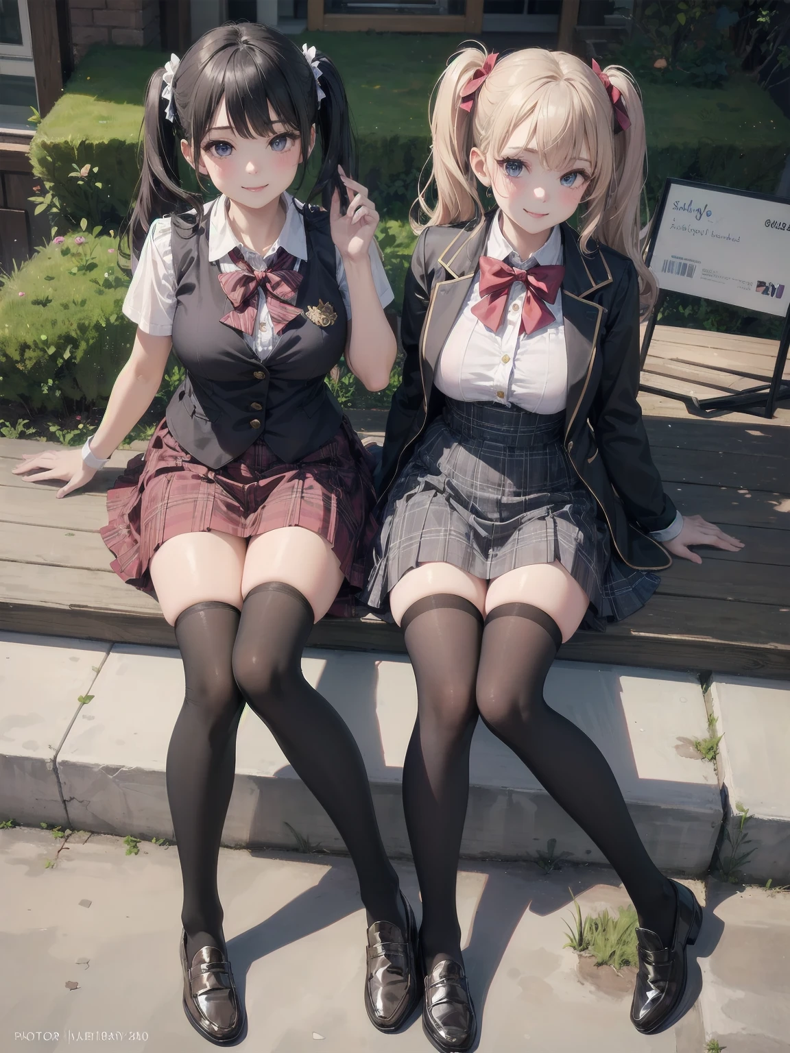 (Top quality, 16K, masterpiece, super high resolution, Victorian era, photorealistic: 1.2), perfect illustration with every detail created by a master 2020's animation illustrator, BREAK 1 girl, soro, twintails, bow, cardigan vest, short sleeve shirt, plaid skirt, over black legwear, loafers, smile, Sexual girl, Dressy styles that are glamorous and pretty, with an emphasis on cuteness, bright shades and pop designs
