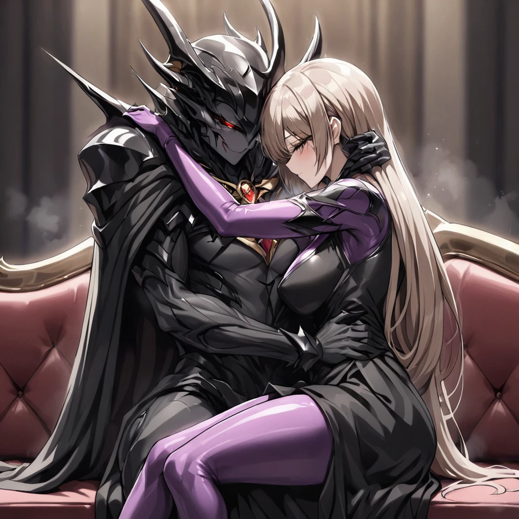 ((Highest quality)), ((masterpiece)), (detailed), （Perfect Face）、The woman is Princess Leona having sex, with medium-long light brown hair, wearing a shiny, flashy, sexy, revealing black dress bodysuit, an open-front skirt, a cape and a headgear, and is an evil female executive who is embracing and hugging a man who is the dignified demon lord of an evil organization.、Women are brainwashed, expressionless, and have no highlights in their eyes.、The woman is being held close by a powerful demon lord of an evil organization, who is kissing her.、A powerful demon king of an evil organization is sitting on a luxurious sofa, embracing and kissing a woman and showing her affection.