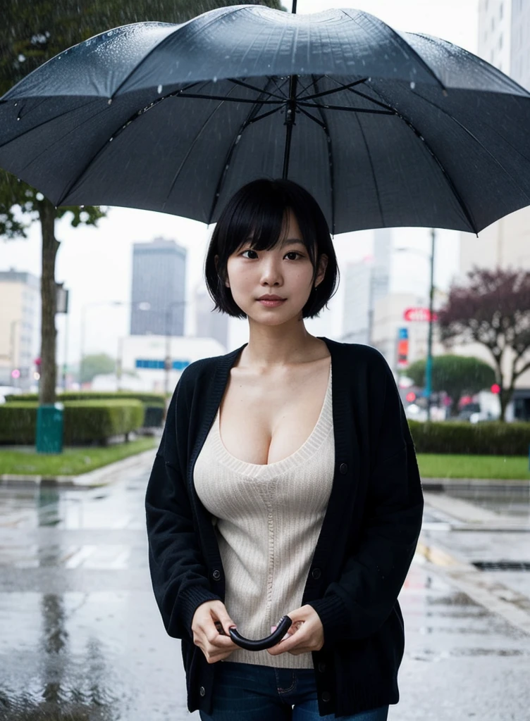 (highest quality),one girl,Japanese,Huge breasts,Cleavage,Short Hair,Straight hair,Black Hair,bangs,park,sweater,sweating,
standing, water drop, rain, Cinematic lighting,((hand holding umbrella))
 