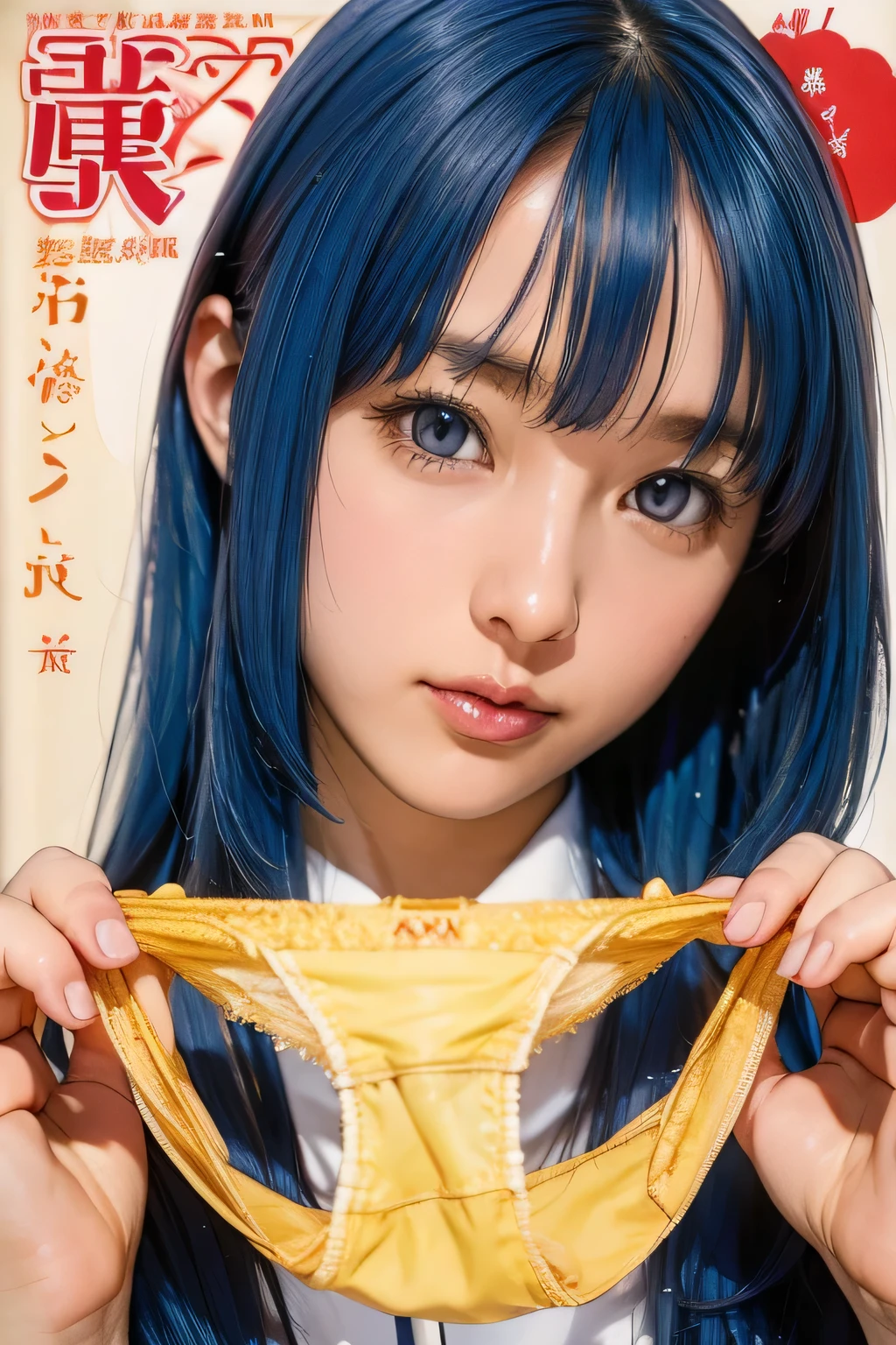 Very large blue panties、Golden and light blue hair、Face is close、Close face、Panties in front、Showing panties、Very big panties、Pretty big panties