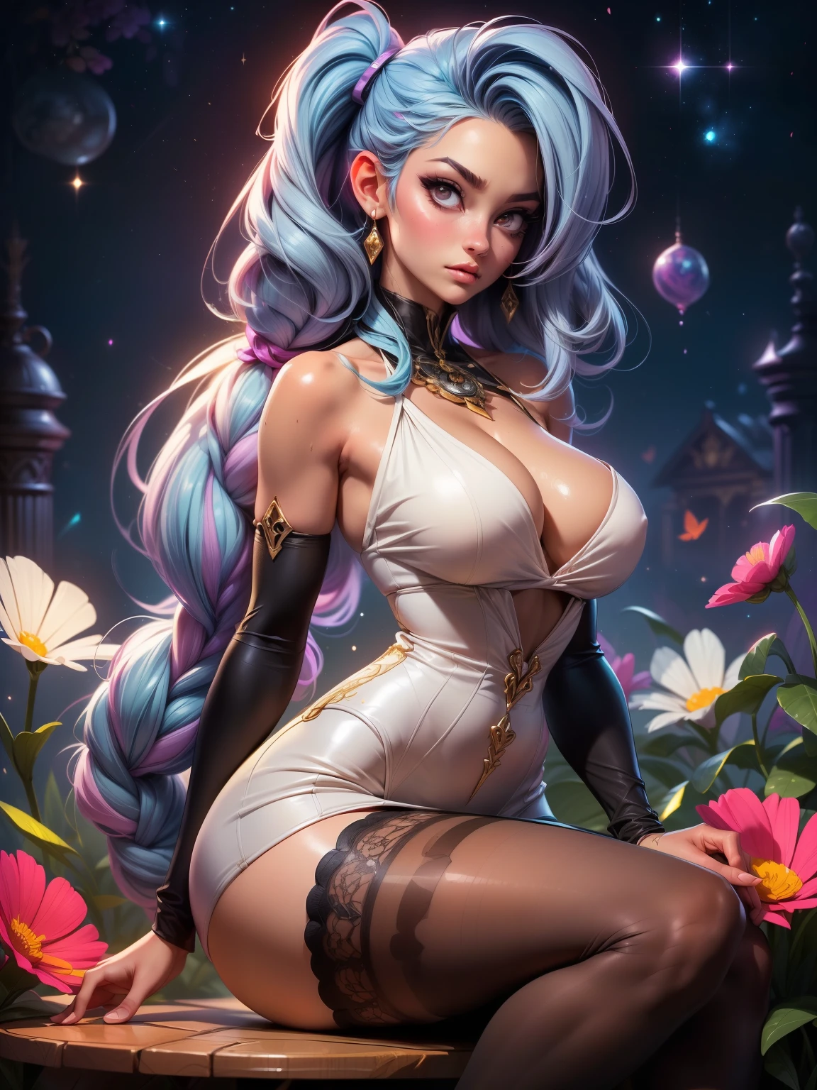 A glorious sunrise, Spectrum Rainbow, Background, in chic lavender white mint hair,  pastel, mixed-language_SMS, (beautiful and clear background:1.2),, fantastic paintings , High detail eye lace, Long pigtails, braid,  cosmos, galaxy, Long Hair, cool hairstyle, Plant flora,  Loving, Love, ultra detailed hair, Best Quality, hig quality, high-resolution, detail enhancement, ((most beautiful image in the world)), Masterpiece, Best Quality, High Quality Detail Enhancement, ((most beautiful image ), Shiny hair, ultra chic dress print, Stampa Flores,  tights in a mesh,,  art by stjepan sejic, art by j scott campbell, art by guillem march, art by citemer liu, 4k, high-resolution, comic book character, comic, high quality detailed,   style of ::2.0 comix illustration style,tatoon style, hig quality, high-resolution, detail enhancement, 8K, HD, Best Quality, hig quality, high-resolution, detail enhancement, 8K, HDR, Sharp focus, Ultra Detailed, Perfect lighting, Curvy Body, Lush breasts, Curvy hips, Sits