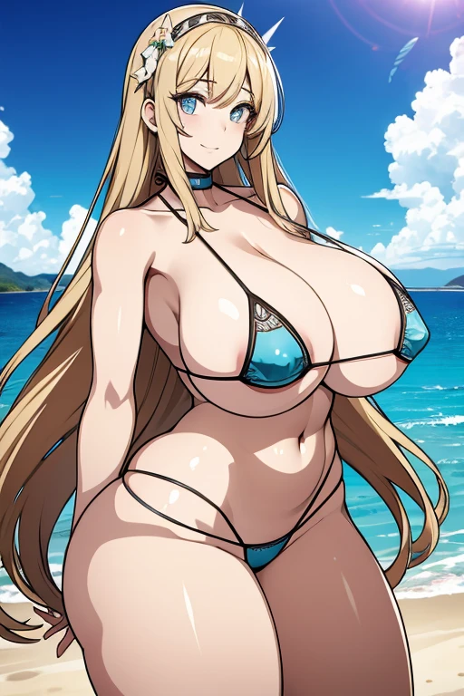 1 girl, big breasts, long hair, big clear eyes, laugh, high quality, highly detailed, masterpiece, realistic, micro split bikini, by the beach