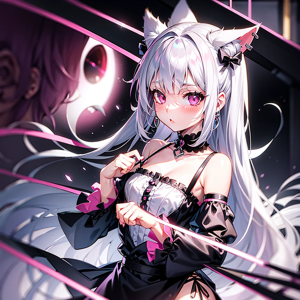 Silver hair, pink eyes, body, cat ears,girl, earrings,hair bows,hair charms,dress,sexy pose