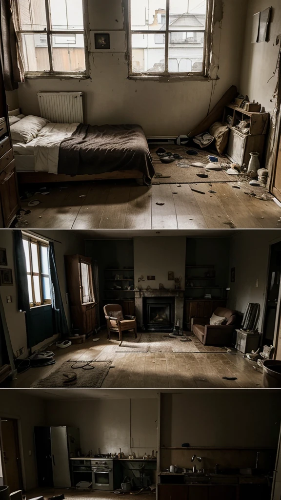 A household with a quiet and cold atmosphere, looks neglected and unkempt, reflecting a loss of warmth and togetherness.