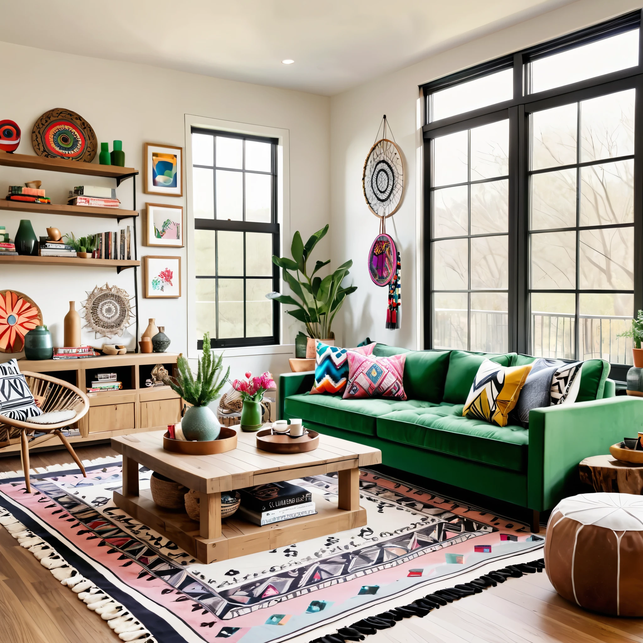 Design a bright and cozy living room featuring a mix of modern and eclectic decor. The room includes a green sofa with colorful throw pillows, a wooden coffee table, and a black and white patterned rug. The walls are adorned with various wall hangings and decorations, including a large tapestry and dreamcatchers. The space is well-lit with natural light coming through large windows, creating a warm and inviting atmosphere. Add a few small decorative items on the coffee table and shelves to enhance the cozy feel.