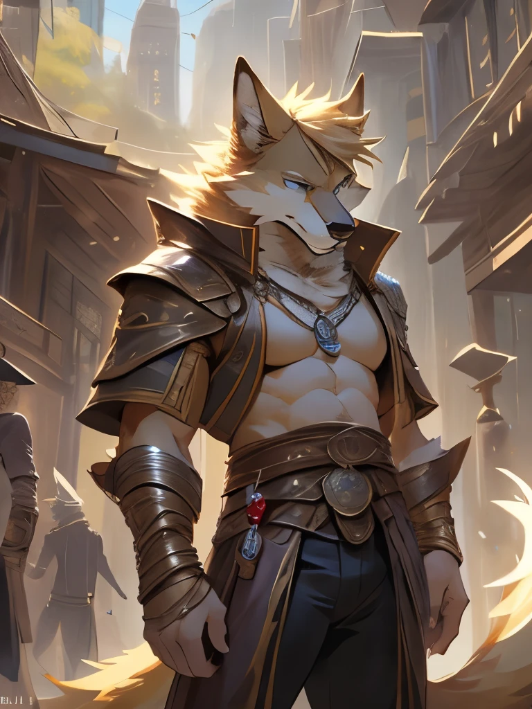 posted on e621, (by Chunie), male, furry, Wolf anthro, solo, yellow fur, golden fur, blonde fur, blue eyes, (Realistic eye details 1.2), Head bust, Masterpiece, dramatic lighting, soft lighting, day, highly detail, Hair coiled, (Seductive look:1.2), fit body, perfect male figure, Detailed fur, Detailed face, Perfect face, (The stands up), Detailed background, ((Bonifasko lighting)), Wolf tail, (Detailed eyes), perfect pupils