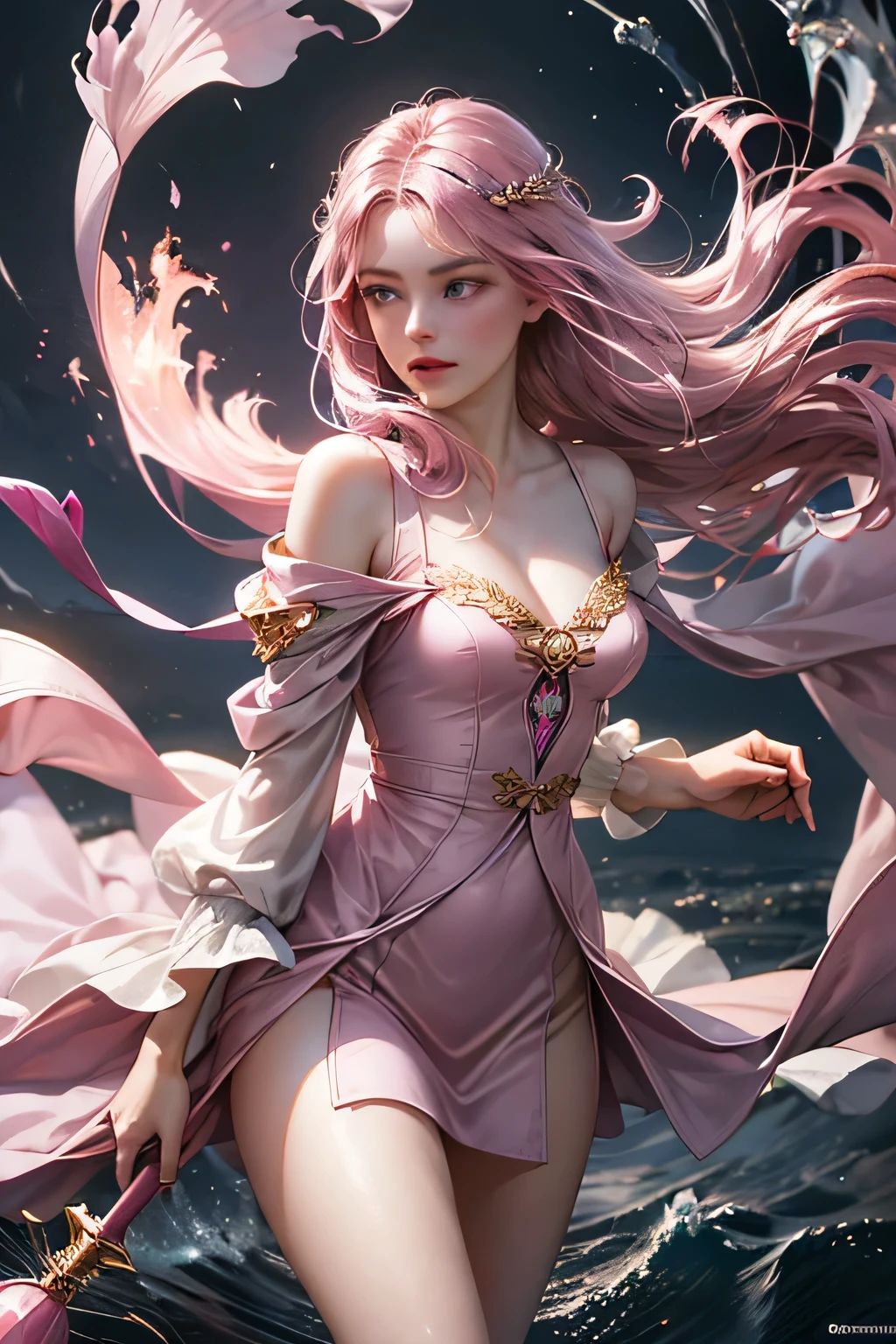 "Create an ultra-realistic image of a stunning 18-year-old girl holding an air magical staff that exudes the energy of the wind and sky. She should be dressed in a sophisticated, ((((((dark pink)))))) shaded outfit that contrasts beautifully with her airy element. Depict her surrounded by elements of air, such as swirling breezes, floating feathers, and gentle currents, to highlight her command over this element. Include a distinct air symbol on her body, signifying her role as the keeper of air and illustrating the powerful, ethereal energy of air she holds within her."