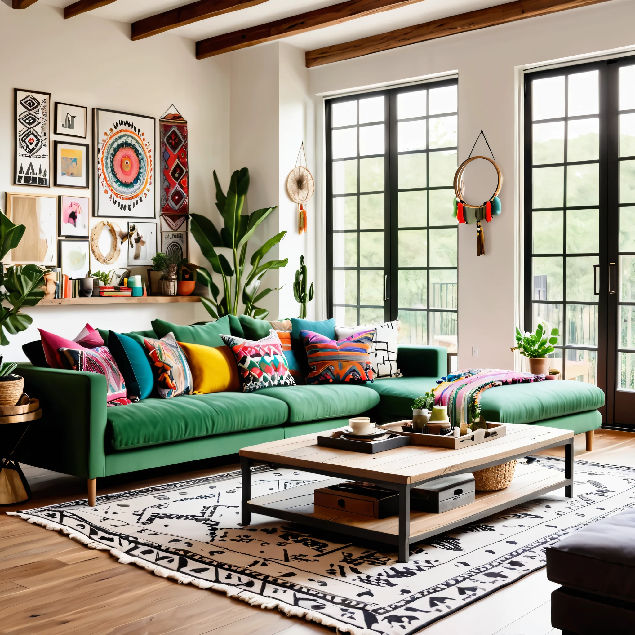 Design a bright and cozy living room featuring a mix of modern and eclectic decor. The room includes a green sofa with colorful throw pillows, a wooden coffee table, and a black and white patterned rug. The walls are adorned with various wall hangings and decorations, including a large tapestry and dreamcatchers. The space is well-lit with natural light coming through large windows, creating a warm and inviting atmosphere. Add a few small decorative items on the coffee table and shelves to enhance the cozy feel.
