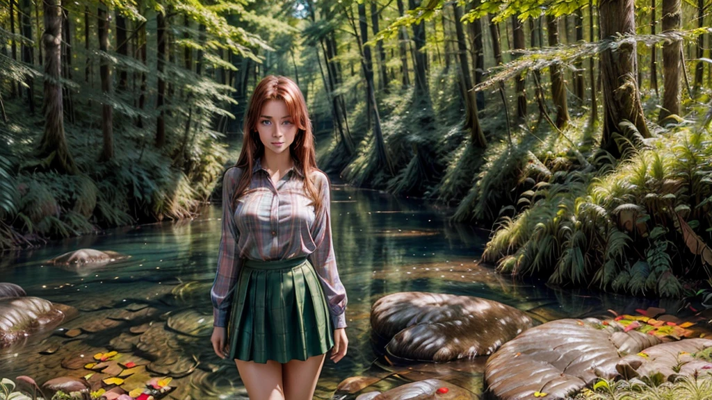 12K, HDR, BEST IMAGE, REALISTIC, FOREST, DARK GREEN, RIVER, A BEAUTIFUL YOUNG GIRL, 30 YEARS OLD, RED BROWN HAIR, LONG STRAIGHT, , RED LATEX SKIRT, , BLOUSE , LARGE PHOTO OF HER, STANDING, SKY BLUE EYES , BLUE ROUND PORTAL, TO ANOTHER WORLD, MYSTERIES OF DEEP NATURE