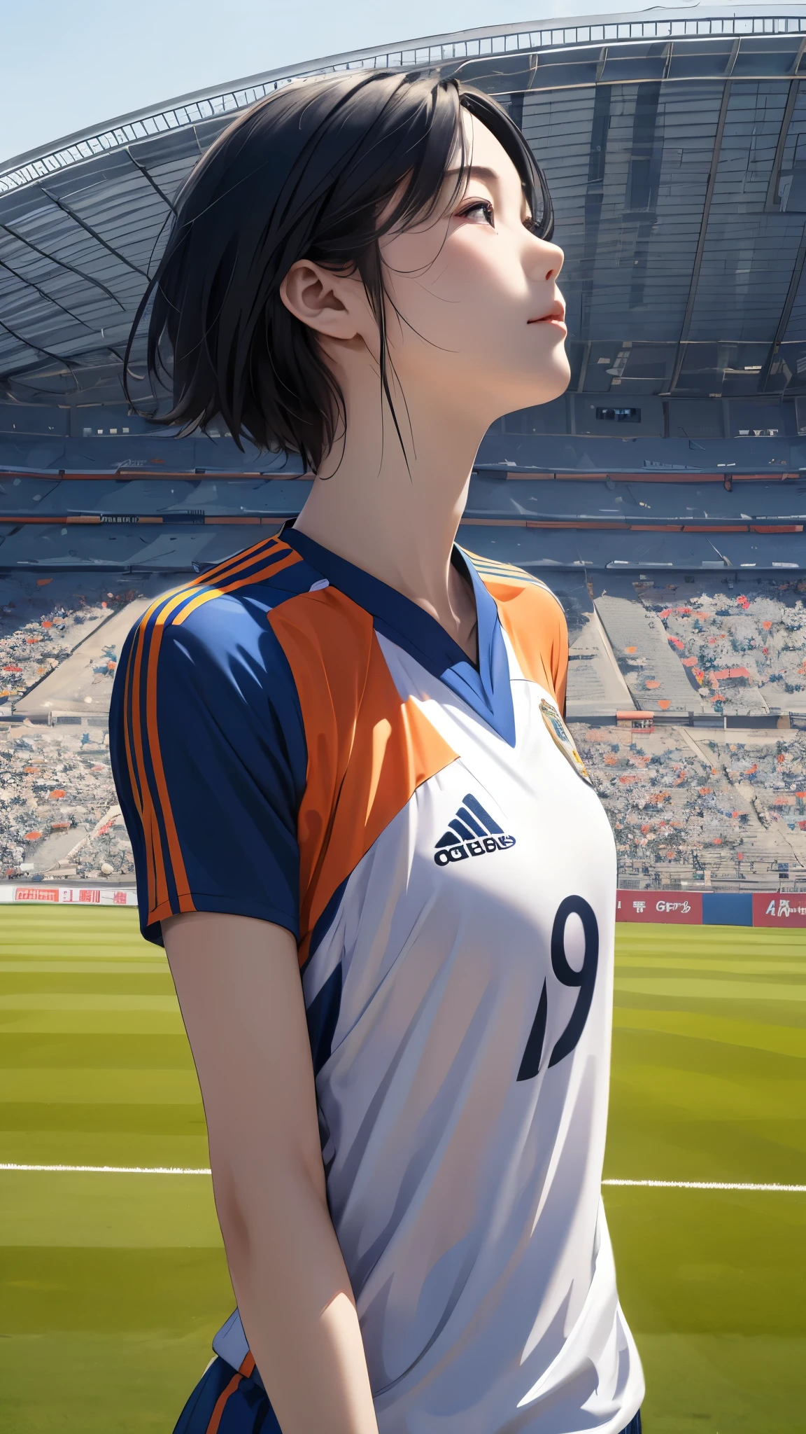 Stadium、19 years old、Soccer uniforms、Black Hair、short hair、Hair flowing in the wind、Upper Body、look up、Large Breasts、Asian
