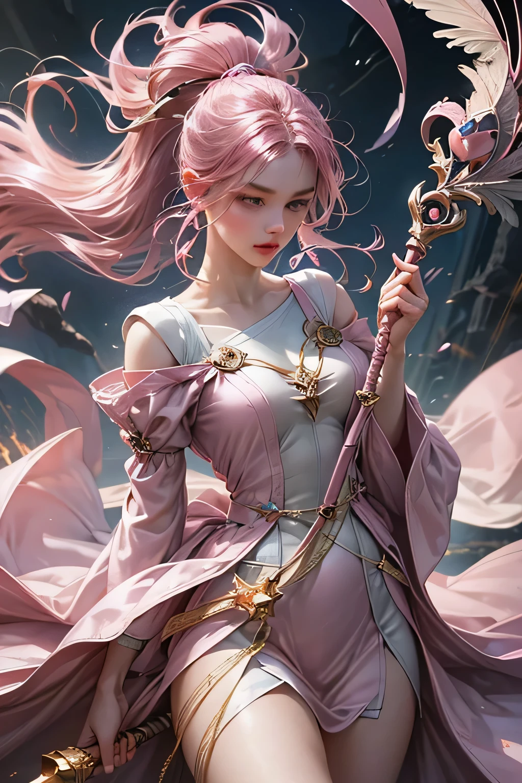 "Create an ultra-realistic image of a stunning 18-year-old girl holding an air magical staff that exudes the energy of the wind and sky. She should be dressed in a sophisticated, ((((((dark pink)))))) shaded outfit that contrasts beautifully with her airy element. Depict her surrounded by elements of air, such as swirling breezes, floating feathers, and gentle currents, to highlight her command over this element. Include a distinct air symbol on her body, signifying her role as the keeper of air and illustrating the powerful, ethereal energy of air she holds within her."