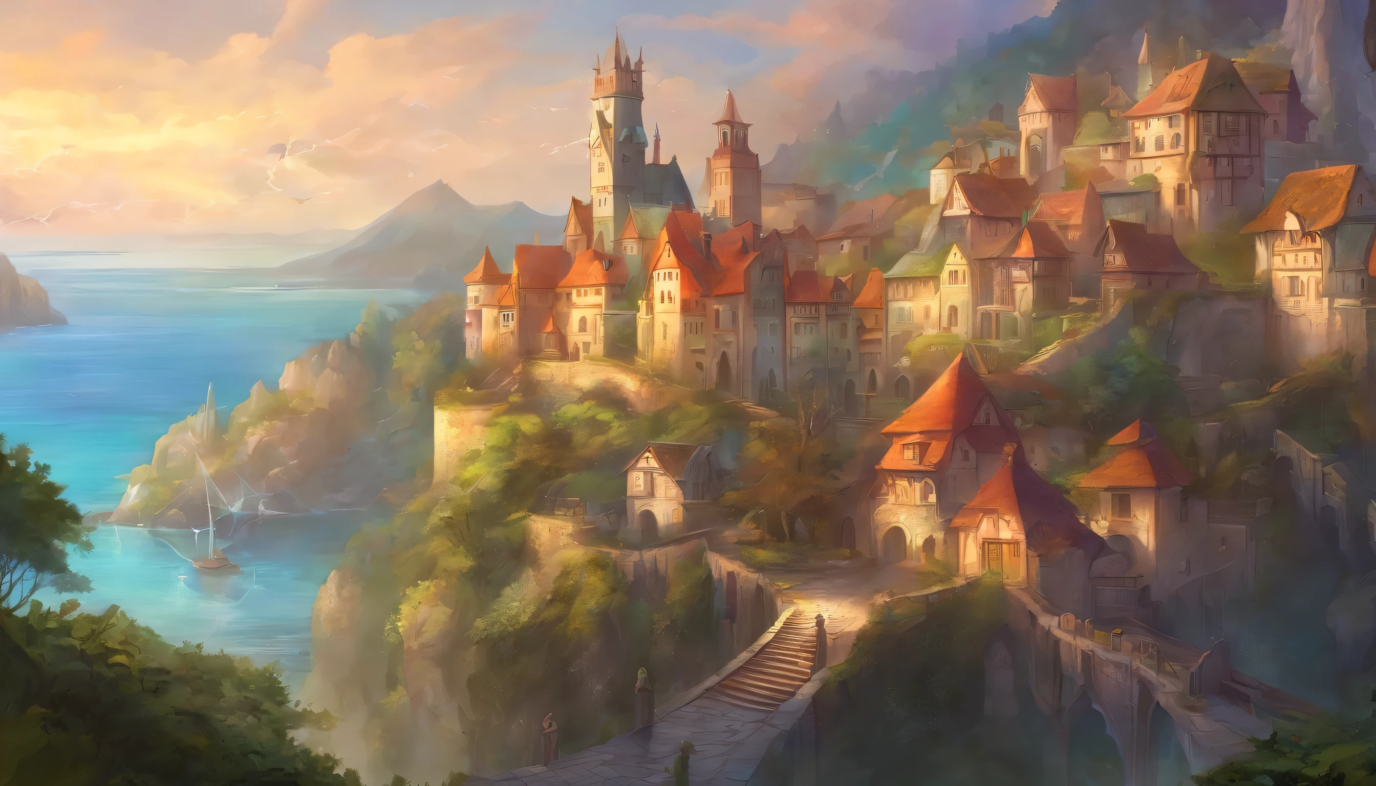 a town along the sea, its cobbled lanes winding up to a grand manor house that stands majestically facing the sea. The day envelops the scene in a magical, ethereal atmosphere.