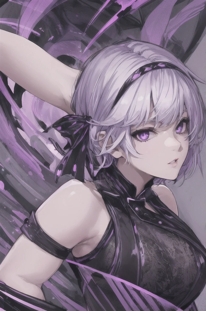 girl with short white hair, purple eyes, black short dress with purple lighting around her, highly detailed high contrast hd masterpiece of best quality in high resolution
