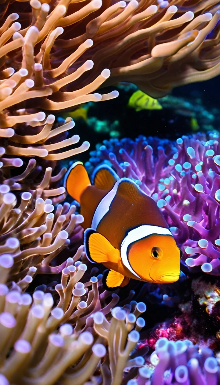 colorful coral, coral reef, high resolution, no people, underwater light, seabed, contrast, colorful clown fish Amazing whale swimming