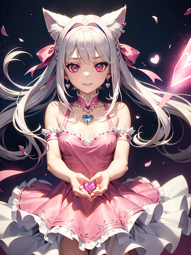 Silver hair, pink eyes, body, cat ears, girl, earrings, heart background fantasy, princess, godly, hair bows, happy face, red pink dress, pet cat