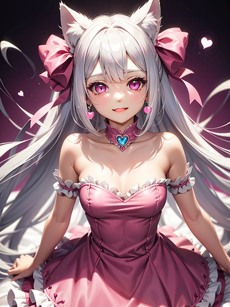 Silver hair, pink eyes, body, cat ears, girl, earrings, heart background fantasy, princess, godly, hair bows, happy face, red pink dress, pet cat